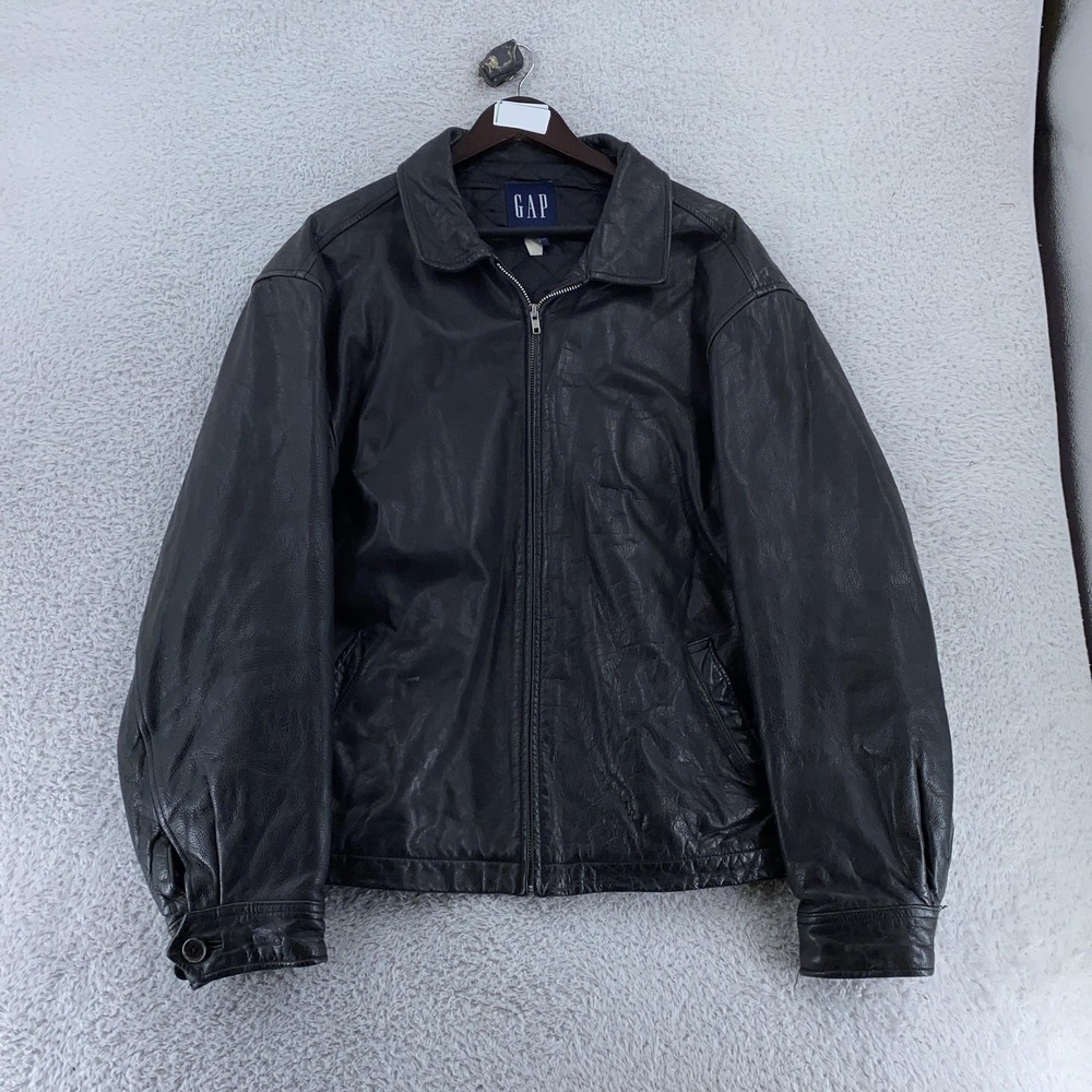 Vintage GAP Leather Jacket Mens XL Black Full Zip Quilted Lined Padded Classic